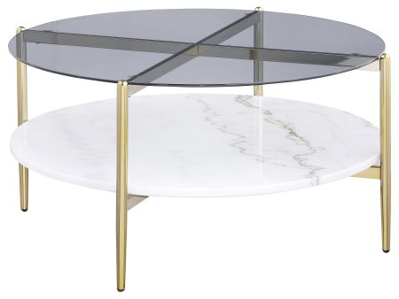 Jonelle - Round Glass Top Coffee Table White Marble Shelf Gold - Smoke Cheap