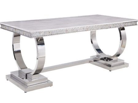 Zander - Dining Table - White Printed Faux Marble & Mirrored Silver Finish For Sale